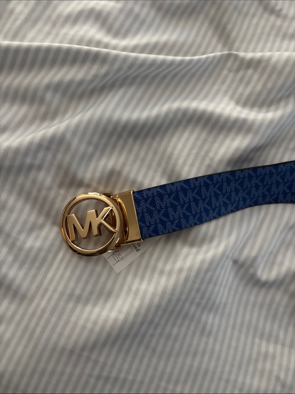 Michael Kors Blue MK Logo Belt with Gold Buckle